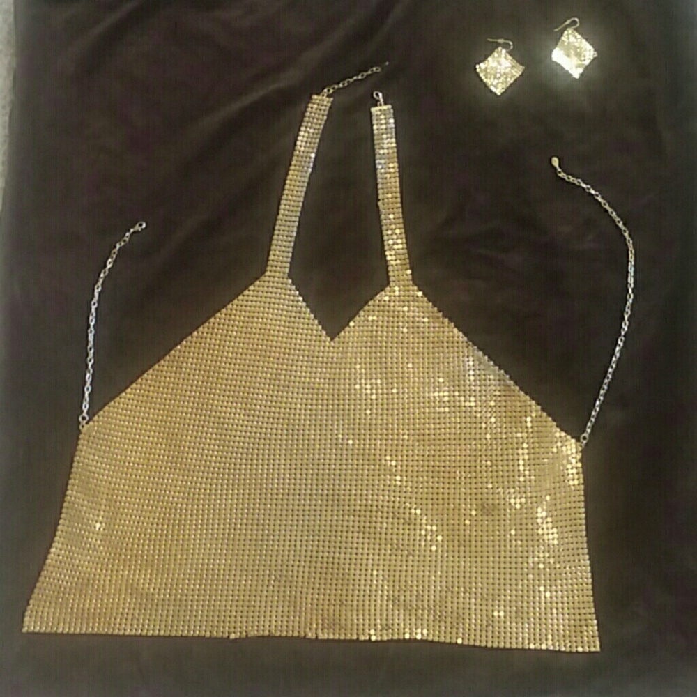 Gold Mesh Halter Top, with matching earrings